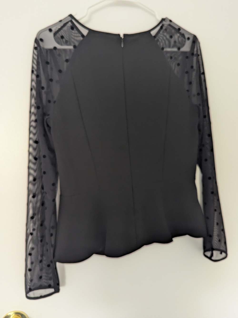 Ann Taylor Peplum Blouse Size 4 Black Polka Dot Mesh Sleeve Zip Back Top - Picture 7 of 12